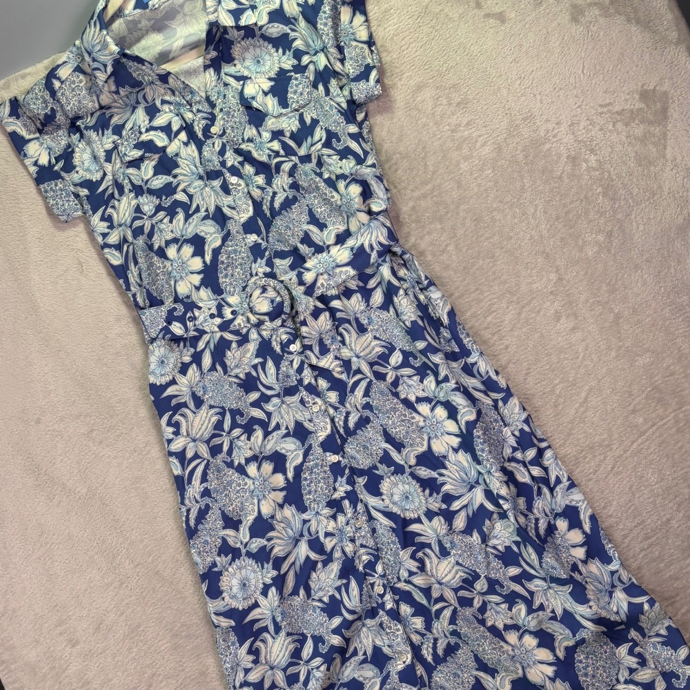 J.McLaughlin Womens Shirt Dress Size XS Blue Floral Silk Blend Belted Midi